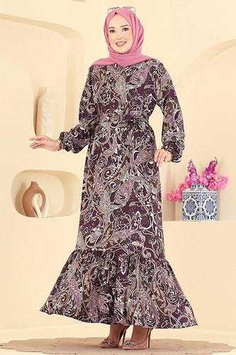 moda selvim Motif Desen Viskon Elbise 030MR1078 Mürdüm - Thumbnail