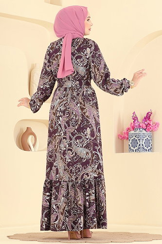 moda selvim Motif Desen Viskon Elbise 030MR1078 Mürdüm - Thumbnail