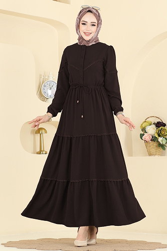 moda selvim Motif Detaylı Aerobin Elbise 6601ORG1169 Acı Kahve - Thumbnail