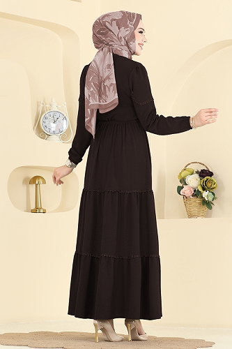 moda selvim Motif Detaylı Aerobin Elbise 6601ORG1169 Acı Kahve - Thumbnail