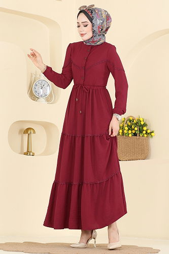 moda selvim Motif Detaylı Aerobin Elbise 6601ORG1169 Açık Bordo - Thumbnail