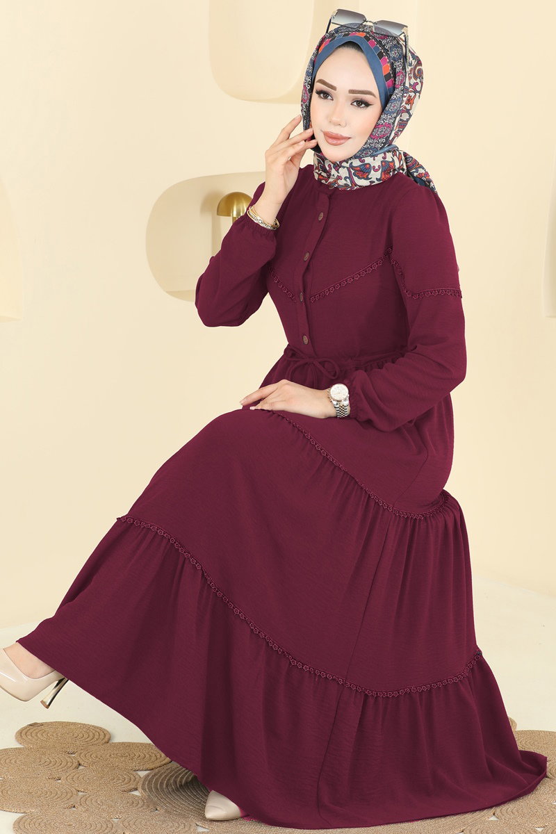Motif Detaylı Aerobin Elbise 6601ORG1169 Koyu Bordo