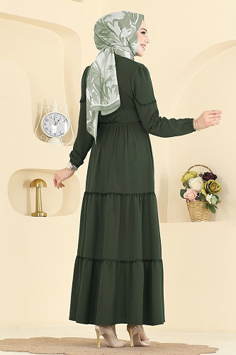 moda selvim Motif Detaylı Aerobin Elbise 6601ORG1169 Koyu Haki - Thumbnail