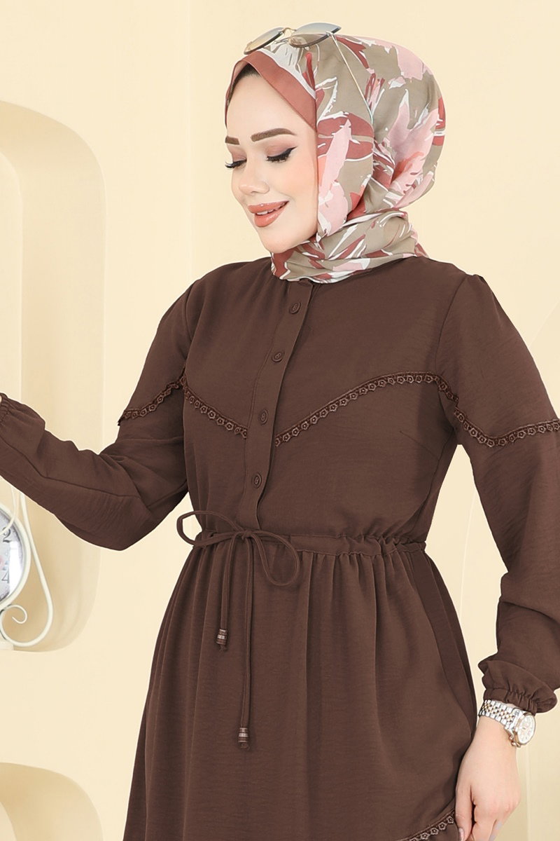Motif Detaylı Aerobin Elbise 6601ORG1169 Koyu Kahve