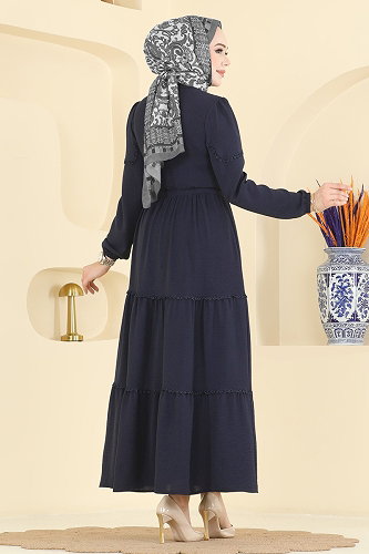 moda selvim Motif Detaylı Aerobin Elbise 6601ORG1169 Koyu Laci - Thumbnail