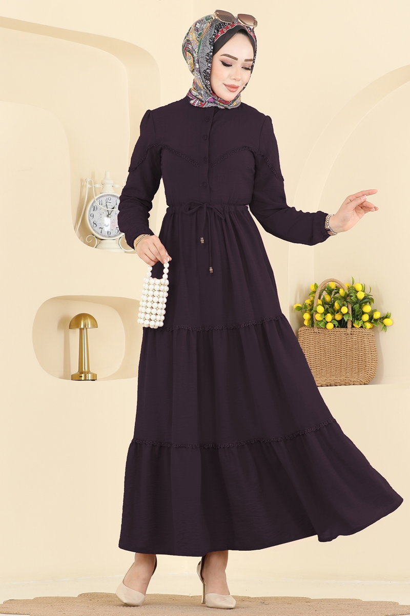 Motif Detaylı Aerobin Elbise 6601ORG1169 Koyu Lila