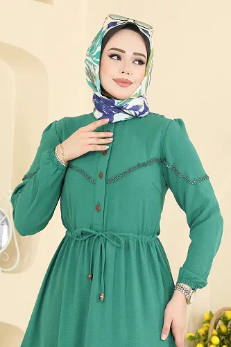 moda selvim Motif Detaylı Aerobin Elbise 6601ORG1169 Küf Yeşili - Thumbnail