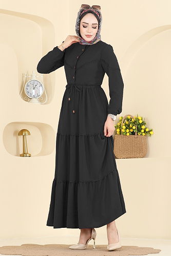 moda selvim Motif Detaylı Aerobin Elbise 6601ORG1169 Siyah - Thumbnail