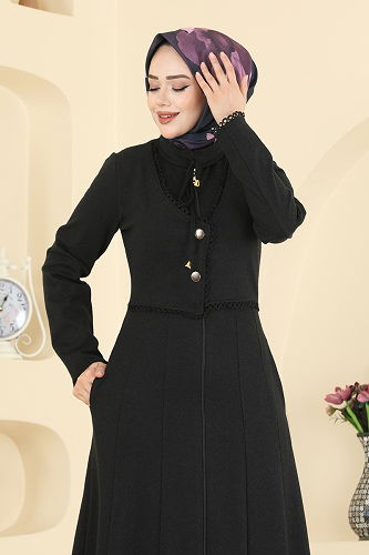 moda selvim Motif Detaylı Tivit Ferace 2771SL432 Antrasit - Thumbnail