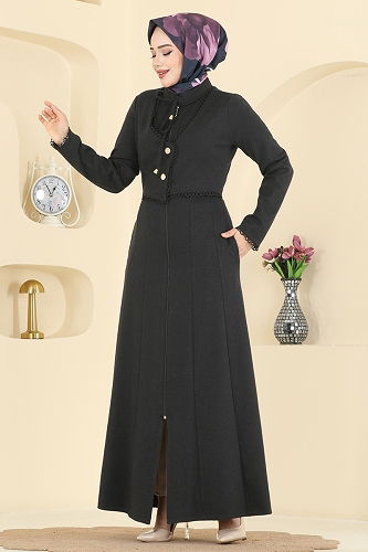 moda selvim Motif Detaylı Tivit Ferace 2771SL432 Antrasit - Thumbnail