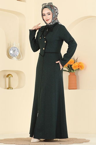 moda selvim Motif Detaylı Tivit Ferace 2771SL432 Zümrüt - Thumbnail