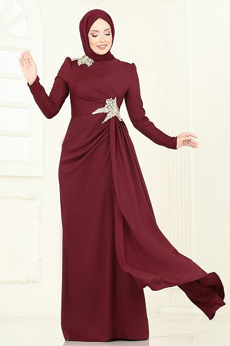 moda selvim Nakış Detay Abiye Elbise ASM2810 Bordo - Thumbnail