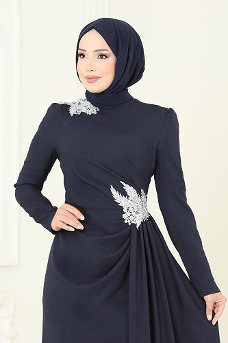 moda selvim Nakış Detay Abiye Elbise ASM2810 Gümüş&Laci - Thumbnail