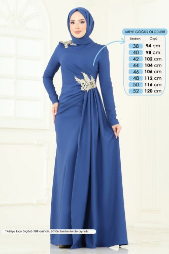moda selvim Nakış Detay Abiye Elbise ASM2810 İndigo - Thumbnail