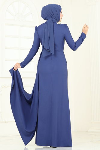 moda selvim Nakış Detay Abiye Elbise ASM2810 İndigo - Thumbnail