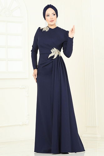 moda selvim Nakış Detay Abiye Elbise ASM2810 Laci - Thumbnail