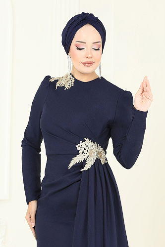 moda selvim Nakış Detay Abiye Elbise ASM2810 Laci - Thumbnail