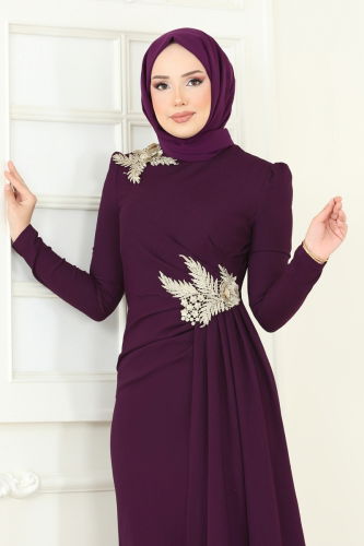moda selvim Nakış Detay Abiye Elbise ASM2810 Mor - Thumbnail