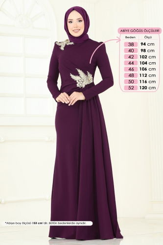 moda selvim Nakış Detay Abiye Elbise ASM2810 Mor - Thumbnail