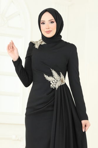 moda selvim Nakış Detay Abiye Elbise ASM2810 Siyah - Thumbnail