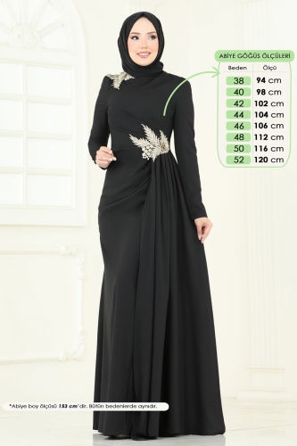 moda selvim Nakış Detay Abiye Elbise ASM2810 Siyah - Thumbnail