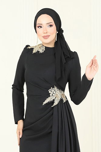 moda selvim Nakış Detay Abiye Elbise ASM2810 Siyah - Thumbnail