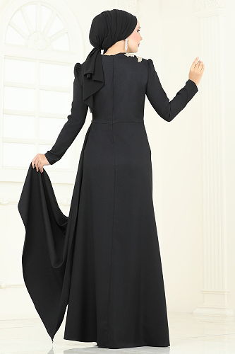 moda selvim Nakış Detay Abiye Elbise ASM2810 Siyah - Thumbnail