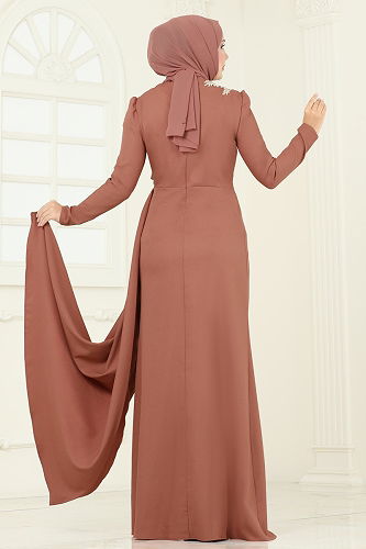 moda selvim Nakış Detay Abiye Elbise ASM2810 Taba - Thumbnail