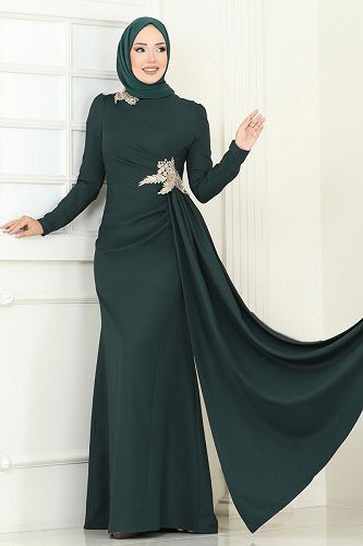 moda selvim Nakış Detay Abiye Elbise ASM2810 Zümrüt - Thumbnail