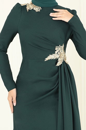 moda selvim Nakış Detay Abiye Elbise ASM2810 Zümrüt - Thumbnail