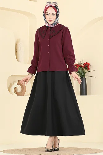 moda selvim Nakış Detaylı 2 li Takım 8045TEG847 Bordo&Siyah - Thumbnail