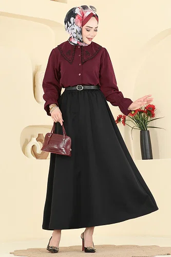 moda selvim Nakış Detaylı 2 li Takım 8045TEG847 Bordo&Siyah - Thumbnail