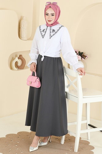 moda selvim Nakış Detaylı 2 li Takım 8045TEG847 Ekru&Antrasit - Thumbnail