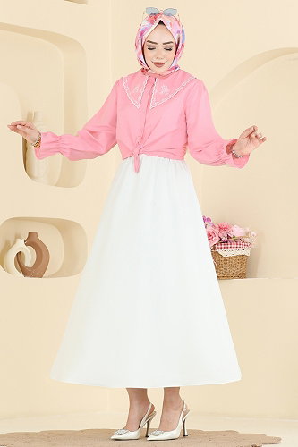 moda selvim Nakış Detaylı 2 li Takım 8045TEG847 Pembe&Ekru - Thumbnail