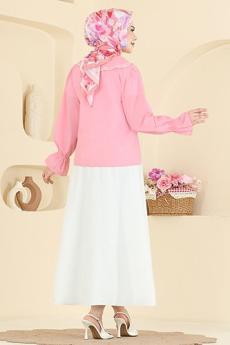 moda selvim Nakış Detaylı 2 li Takım 8045TEG847 Pembe&Ekru - Thumbnail