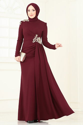 moda selvim Nakış Detaylı Abiye Elbise ASM2803 Bordo - Thumbnail