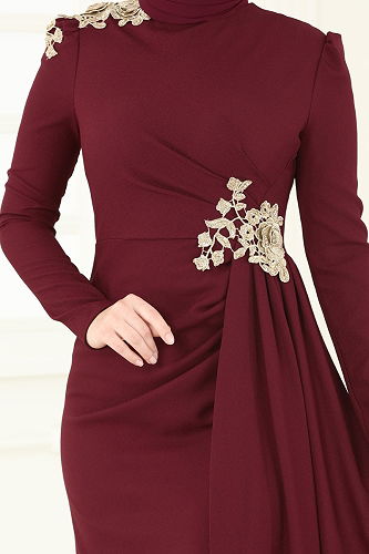 moda selvim Nakış Detaylı Abiye Elbise ASM2803 Bordo - Thumbnail