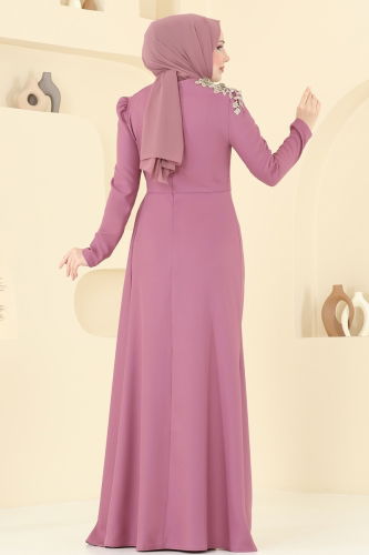 moda selvim Nakış Detaylı Abiye Elbise ASM2803 Gül Kurusu - Thumbnail