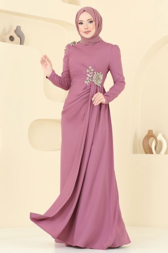 moda selvim Nakış Detaylı Abiye Elbise ASM2803 Gül Kurusu - Thumbnail