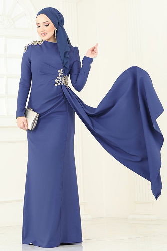 moda selvim Nakış Detaylı Abiye Elbise ASM2803 İndigo - Thumbnail