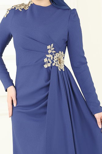 moda selvim Nakış Detaylı Abiye Elbise ASM2803 İndigo - Thumbnail