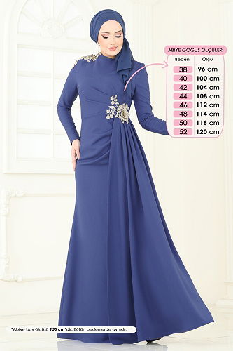 moda selvim Nakış Detaylı Abiye Elbise ASM2803 İndigo - Thumbnail