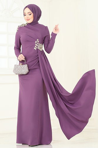 moda selvim Nakış Detaylı Abiye Elbise ASM2803 Koyu Lila - Thumbnail