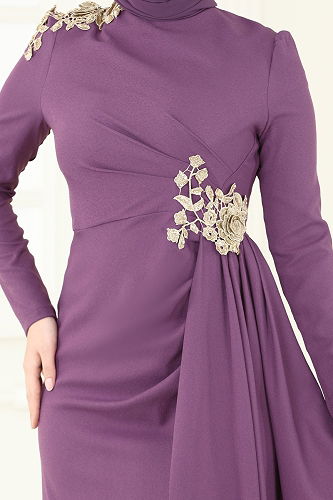 moda selvim Nakış Detaylı Abiye Elbise ASM2803 Koyu Lila - Thumbnail