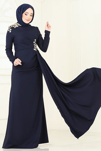 moda selvim Nakış Detaylı Abiye Elbise ASM2803 Laci - Thumbnail