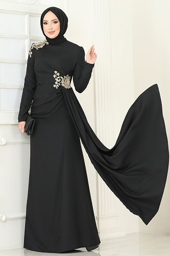 moda selvim Nakış Detaylı Abiye Elbise ASM2803 Siyah - Thumbnail