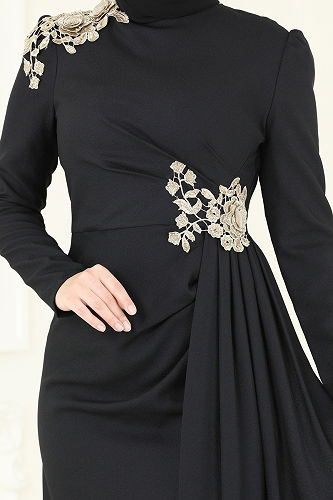 moda selvim Nakış Detaylı Abiye Elbise ASM2803 Siyah - Thumbnail