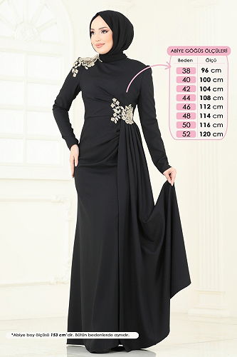 moda selvim Nakış Detaylı Abiye Elbise ASM2803 Siyah - Thumbnail