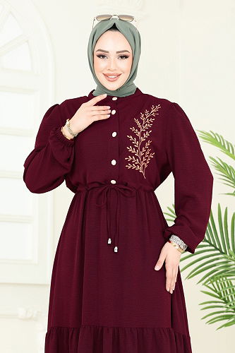 moda selvim Nakış Detaylı Aerobin Elbise PL9069 Bordo - Thumbnail
