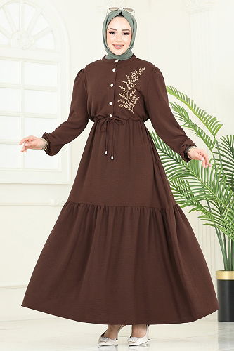 moda selvim Nakış Detaylı Aerobin Elbise PL9069 Kahve - Thumbnail